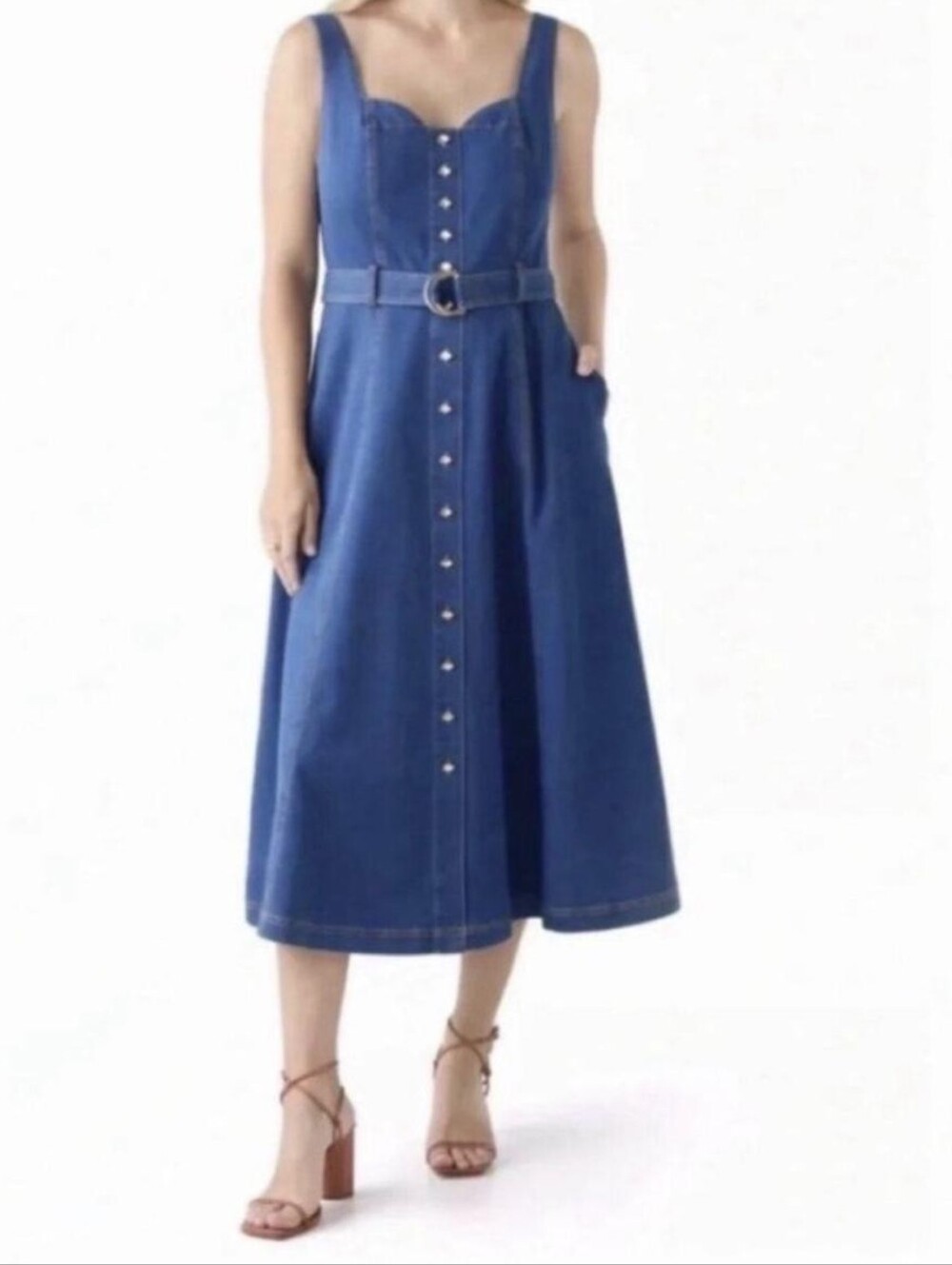 Jason Wu Blue Sleeveless Gold Button-Front Belted Midi Dress Size 6 NWT